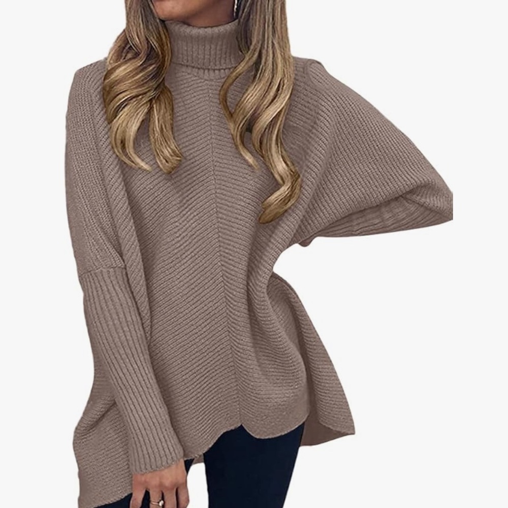 Medium Oversized Turtleneck Batwing Knit Pullover Tunic Sweater taupe long - Picture 6 of 14